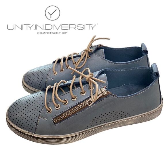 UNITY IN DIVERSITY Gaura Women's Blue Leather Sneakers NEW 37 6.5 7 - Picture 1 of 6